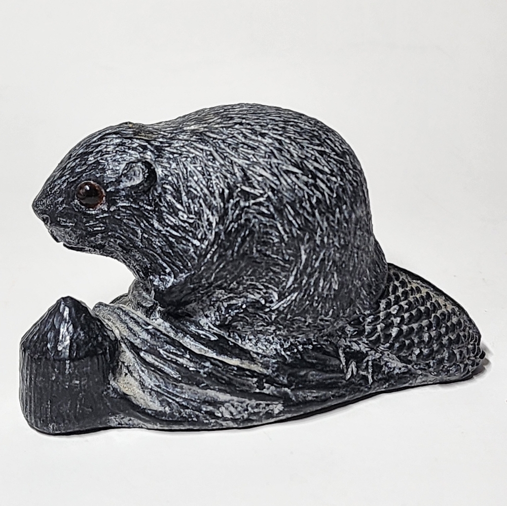 Carved Soapstone Beaver Figurine Handmade Black Sculpture Canada